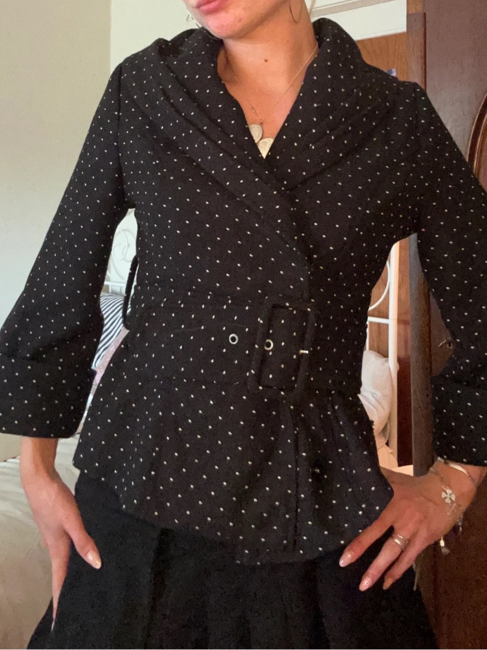 Tulle Vintage Inspired Black Polka Dot Belted Shawl Collar Jacket